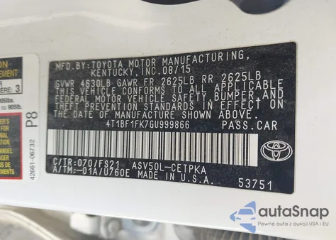 2016 Toyota Camry Se from USA, damaged, VIN 4T1BF1FK7GU999866